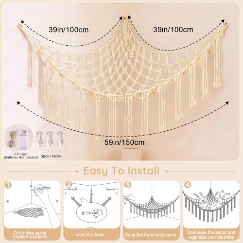 Basumee Stuffed Animals Hammock with LED Light Corner Net, Girls Room Decor - Image 6