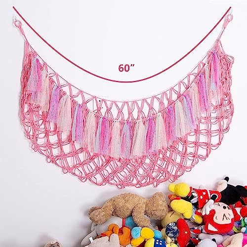 Jumbo Toy Hammock for Stuffed Animal Net Boho Macrame Toy Hammock with Led Light Stuffed Animal Storage Ideas Plush Toy Display Squishmallow Holder Net-Pink - Image 6