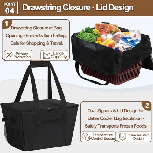 Reusable Grocery Bag – Expandable Insulated Cooler Bag with Bottom Board, Collapsible Insulated Shopping Bag with Zipper & Drawstring, Heavy Duty Tote Bag for Shopping, Delivery, Picnic, Beach - Image 6