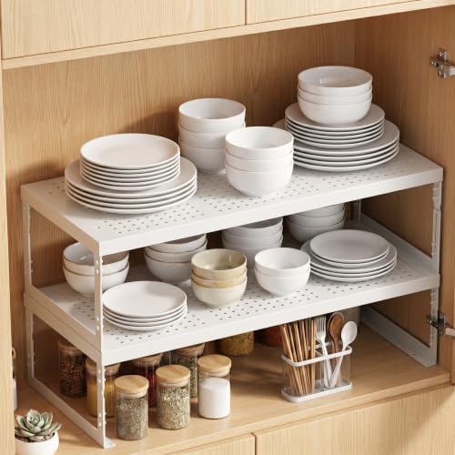 Adjustable Expandable Metal Storage Shelf, Standing Shelf Unit for Kitchen Cabinet Pantry Countertop, Space Saving Shelf Riser and Organizer(2 Packs/White,Medium) - Image 4