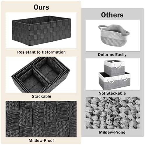 Storage Baskets: 6 Pack Stackable Woven Storage Bins, Black - Image 5