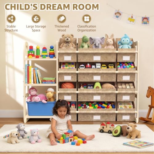 Toy Storage Organizer with 3 Shelves and 12 Bins, Bookshelf/Bookcase, Kids Bin Shelf, Toys Box for Playroom Organization for Bedroom & Room, 47.4" W (khaki) - Image 6