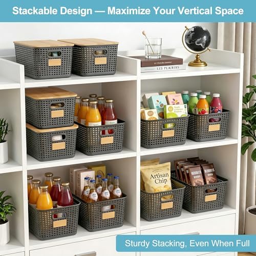 Bagnizer 2 Pack Tall Plastic Storage Bins with Bamboo Lids, 10.8qt Stackable Storages Baskets for Organizing Desktop Closet Playroom Classroom Office, 12"L x 8.3"W x 6.1"H, Gray - Image 6