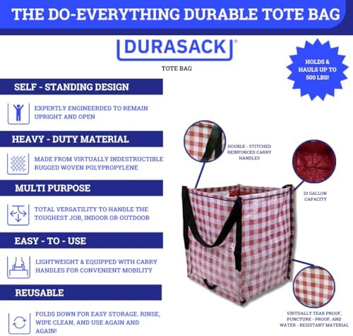 DURASACK Heavy Duty Storage Tote Bag 22-Gallon, Gingham Red, Pack of 4 - Image 3