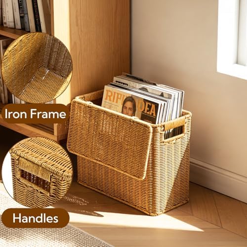 Pumtus Woven Storage Basket with Lid, 3 Gallon Decorative Plastic Organizer Box with Handle, Rectangle Narrow Tall Trash Can Toilet Paper Holder, Household Container Bin for Wardrobe, Magazines, Toys - Image 3