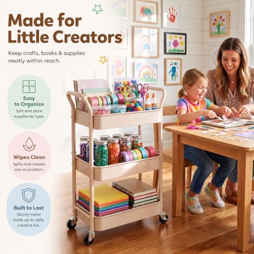 Beige 3 Tier Rolling Diaper Caddy Cart with Wheels and Detachable Dividers - Image 6