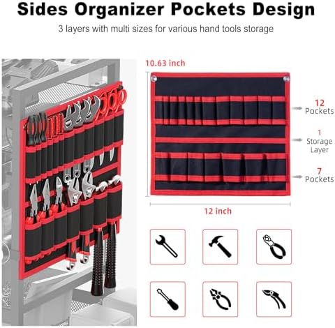 JUNNUJ Garage Large Power Tool Organizer Cart with 20A Charing Station, Heavy Duty Drill and Tools Battery Holder Storage Rack, Floor Standing Rolling Tool Cart on Wheels, Red - Image 3