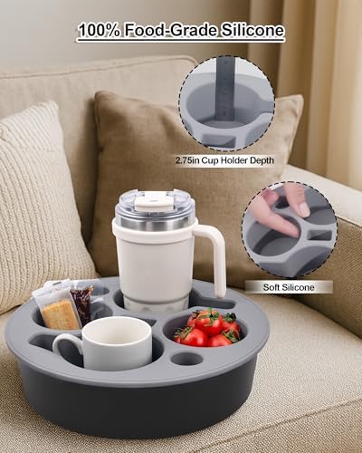 Round Couch Cup Holder Tray, Portable Couch Caddy, Black-Gray - Image 4