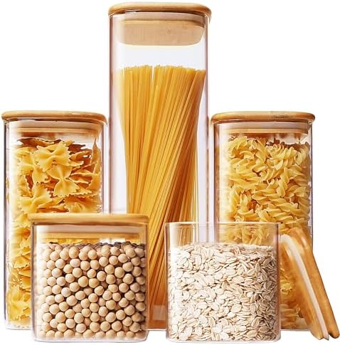 HomArtist Square Glass Jars with Bamboo Lids [Muti Size Set of 5], Glass Canisters with Airtight Lids, Glass Food Storage Containers for Pasta, Cereal, Flour, Sugar, Best for Kitchen & Pantry by HomArtist