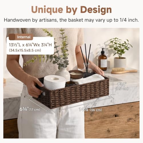 StorageWorks Toilet Tank Tray, Brown Round Paper Rope Bathroom Baskets for Organizing, Toilet Tank Basket, Toilets Organizer with Built-in Handles, 14 ¼"L x 6 ¾"W x 3 ¾"H, 1 Pack - Image 2