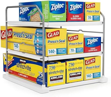 EVERIE Extendable 3-Tier Kitchen Cabinet & Pantry Organizer for Plastic Wrap, Foil & Storage Bags, Adjustable Heavy Duty Shelf Rack for Wrap Boxes, Jars & Snack Boxes (11–16.7 in Wide), Pack of 1 by EVERIE