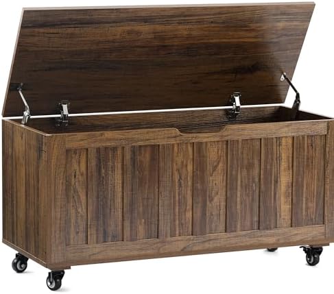 HYZ Storage Chest, 39.4'' Wooden Storage Bench with 4 Wheels & 2 Safety Hinges, Retro Toy Box Support 300 lbs for Bedroom, Living Room, Easy Assembly, Vintage Brown by HYZ