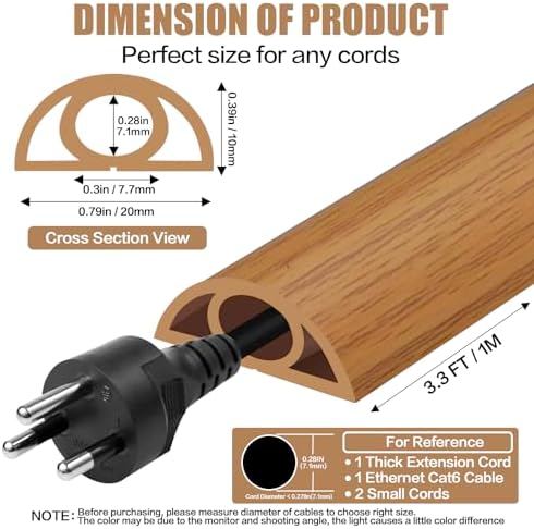 Floor Cord Cover Self Adhesive Cord Hider,3.3FT Cable Management, Extension Strip Protector for Wires, Prevent Cable Trips for Offices, Gyms, Exhibitions Cavity:0.3"(W) x 0.28"(H) Brown Wood - Image 2