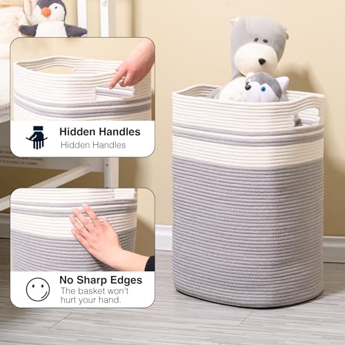 ICERZCZ 78L Laundry Hamper, Woven Rope Tall Laundry Basket with Handles, Decorative Blanket Basket for Bedroom, Bathroom, Collapsible Baskets for Toys, Clothes, 16”x14”x22”, White & Grey - Image 5