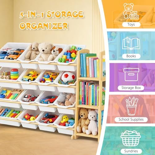 Kids Toy Storage Organizer with Bookshelf – Wooden Shelf with 16 Bins & 3 Shelves, Quick Assembly Storage Rack for Playroom, Bedroom, Nursery - White - Image 5
