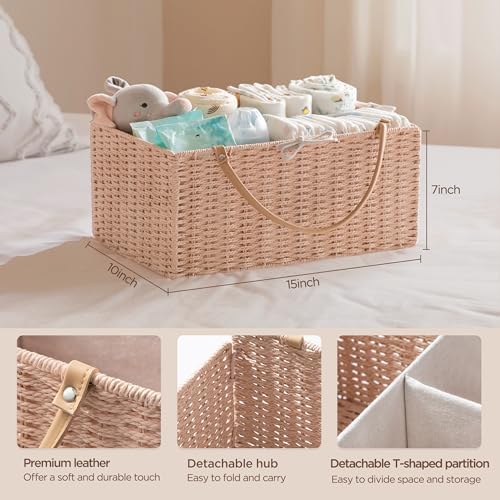 HBlife Large Baby Diaper Caddy Organizer Pink, Paper Rope Storage Baskets Nursery Bin with Removable Divider, Portable Car Organizer for Diapers, Baby Shower Gifts, Newborn Essentials Must Haves - Image 2
