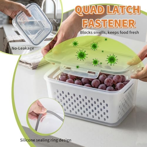Fruit Storage Containers for Fridge, Grape Containers with Built-In Drain Basket, 2-Pack No-Leak Design, Saves Space, Durable and Easy to Clean, Easy Grab Handle, Keeps Grapes and Berries Fresh - Image 3