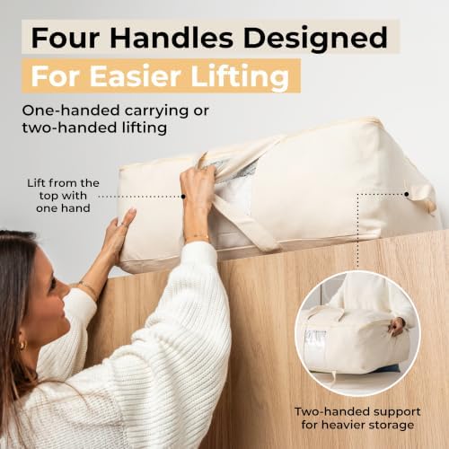 Soft Canvas Storage Bags with Zipper. Thick Breathable, 1pc King/Queen Comforter Organizer. Four Carrying Handles and Window. Large 25x19x9in Bag for Sheets Blankets Bedding Pillows, Clothes - Image 4