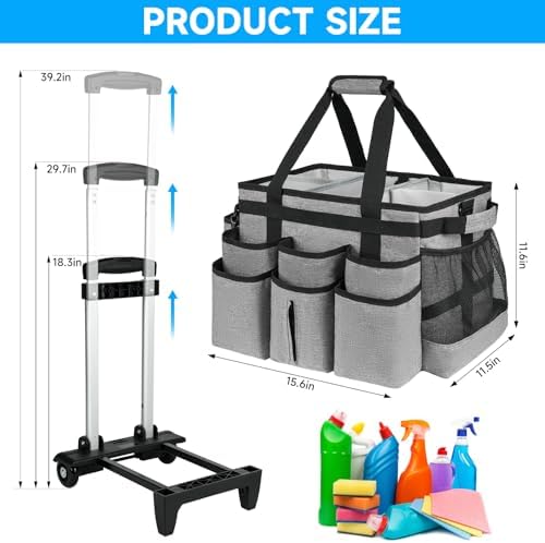 Large Rolling Cleaning Caddy Bag with Detachable Trolley,Cleaning Cart on Wheels with Shoulder Strap,Cleaning Supplies Organizer for Housekeepers,Gray - Image 5