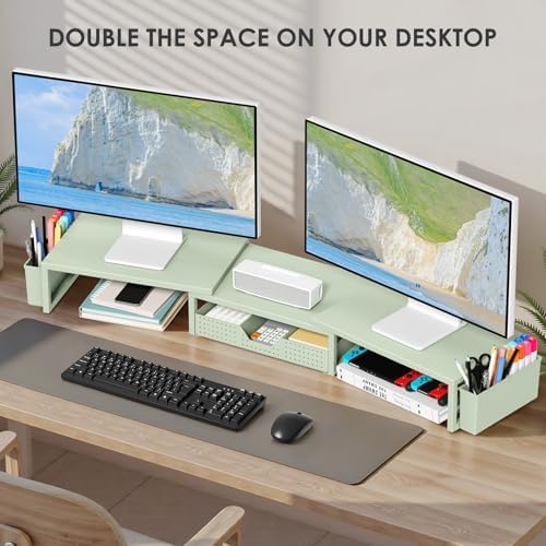 OPNICE Desk Organizers and Accessories, Dual Monitor Stand Riser with Drawer and 2 Pen Holders, Desk Shelf Computer Racks & Printer Stand for Office Workspace Organizers, Desktop Organization (Sage Green) - Image 4