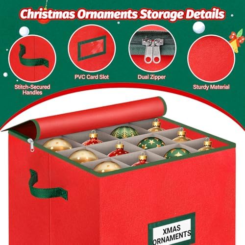 StorageRight Christmas Tree Bag & Ornament Storage Box Set, Water-Resistant 7.5 Ft Tree Storage & 64-Compartment Organizer with Dividers, Tag Pockets & Handles, Heavy-Duty Xmas Decor Containers, Red - Image 5