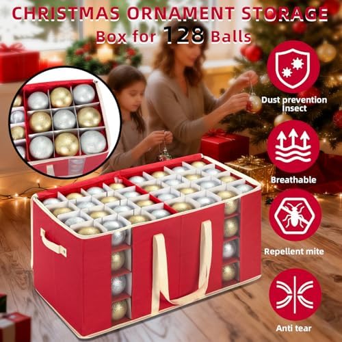 DIMESHY Christmas Ornament Storage Box Holds 128 Holiday Decorations,RED - Image 2