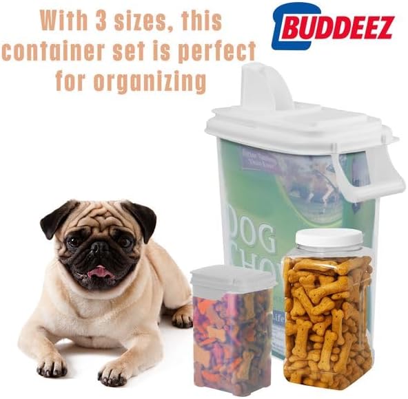 Buddeez Pet Food Storage Solution (Set of 3) - 32QT, 4QT & 2QT BPA-Free Containers with Scoop & Pour Spout for Dry Food, Treats, Chews (White Lid) - Image 5