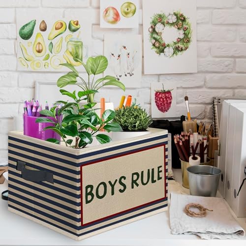 Boys Rule Foldable Storage Bins Box with Handles, Retro Blue Striped Collapsible Toys Books Clothes Organizer Basket for Kids Boy Nursery Room Bedroom Bathroom Dorm Playroom - Image 2