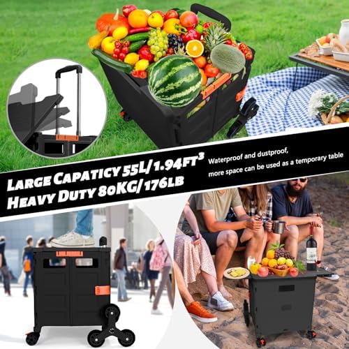 Foldable Utility Cart Collapsible Portable Crate Rolling Carts with Stair Climbing Wheels Tote Basket with Magnetic Lid Telescopic Cover Wear-Resistant 360°Rotate Wheel Noiseless for Shopping Office - Image 7