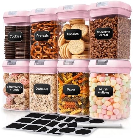 Set of 8 Airtight Food Storage Containers - Pantry Organizer Bins, BPA Free Plastic Containers plus Dry Erase Marker and Labels, Pink by Alphx+Innovations