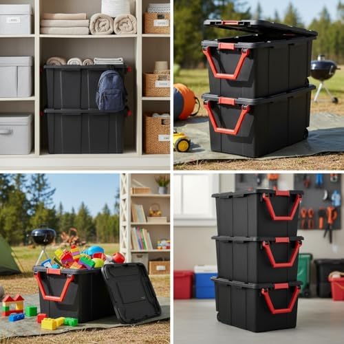 40 Gallon Extra Large Rolling Storage Bins 2-Pack, Black Heavy-Duty Plastic with Pivoting Handle & Leak-Resistant Lid, for Garage Warehouse Industrial Storage - Image 2