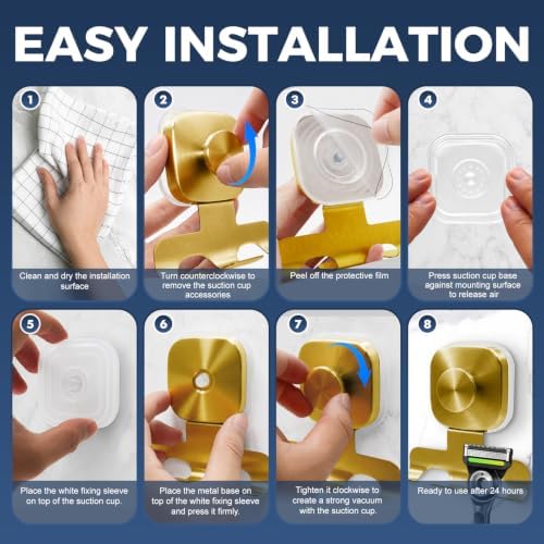 Square Suction Cup Razor Holder for Shower,Heavy-Duty 7KG Suction Hooks for Razor,Towel,Loofah,Removable Damage-Free Metal Shower Hook,Shaver Holder,2 Pack(Brushed Gold) - Image 5