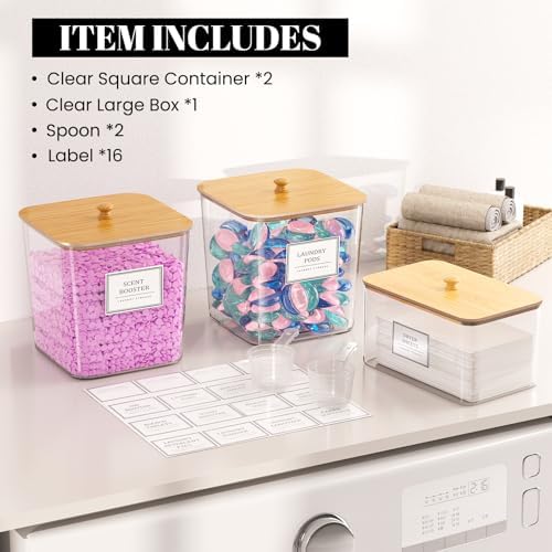HomePekite Laundry Pods Storage Container, Clear Acrylic Laundry Room Organization and Storage ,Detergent Powder Container,with Wooden Lids & Labels, 2+1 Pack - Image 5