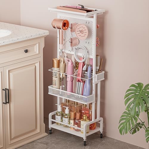 Hair Tool Organizer Cart with Hair Dryer Holder, Narrow Bathroom Storage Cart for Curling Flat Iron & Hot Tools, Slim Hair Appliance Organizer for Vanity Styling Tools, Salon Cart with Tray on Wheels by VINAEMO