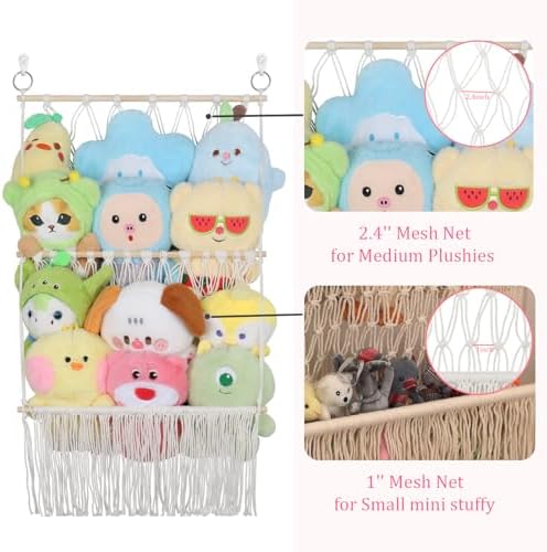 2 Tier Stuffed Animal Storage Net, Large Boho Stuffy Plushies Storage,Beige - Image 5