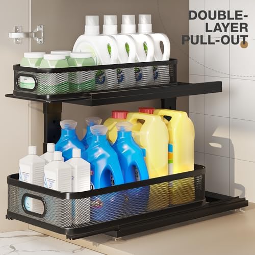 2 Pack 18.5IN-Depth Under Sink Organizer With Next-Gen Ball-Bearing Slides,2-Tier Precision Mesh Pull Out Cabinet Storage for Bathroom&Kitchen,Height Adjustable Drawers Shelf,Anti-rust-Black - Image 4