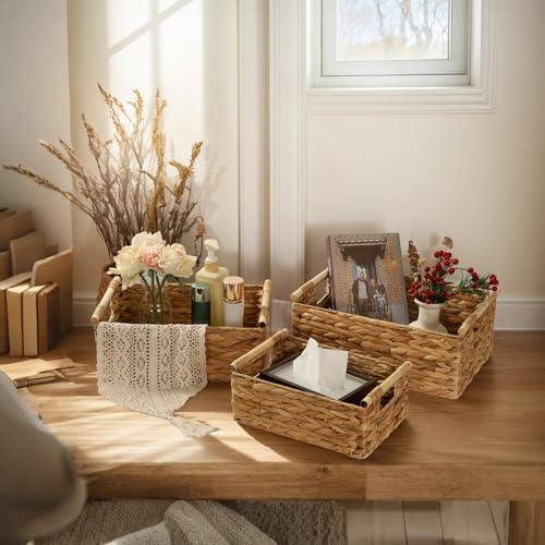 Wicker Storage Baskets for Organizing 3 Pack,Natural Water Hyacinth Ratten Baskets with Wooden Handles, Decorative Handwoven Storage Baskets for Shelves, Bathroom, Pantry or Kitchen - Image 6