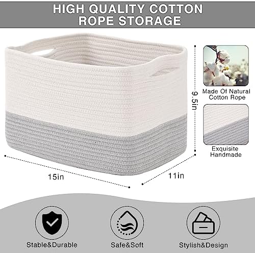ICERZCZ Storage Baskets for Organizing Shelves, Woven Cotton Rope Bins for Baby Nursery Organization, Book Toy Towel Organizer, 15"x11"x9.5", 3 Packs, Off White & Grey - Image 3