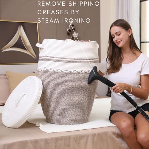 26"x20" Cottonphant Extra Large Tall Woven Laundry Basket with Lid, Cotton Rope Blanket Storage Basket, Freestanding Decorative Bin for Bedroom Living Room, Cream & Camel Marl - Image 5