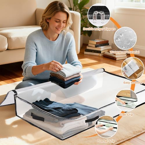 6 Pack Under Bed Storage Bags, 90L Foldable Clear Containers with Handles - Image 3