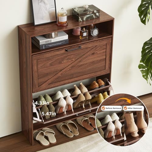 RWYHG Shoe Cabinet with 2 Flip Drawers, Narrow Entryway Organizer,Walnut - Image 5