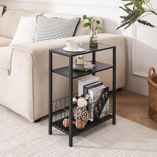 Narrow Side Table with Storage Basket Small End Table for Small Space,Black - Image 2