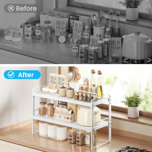 Cawukege Expandable Cabinet Organizer Shelf, Metal Countertop Storage Shelves, Heavy Duty Adjustable Spice Rack Stackable for Kitchen Pantry Storage Rack (White, 14.2-24.8" L x 10.63" W x 8.66" H) - Image 4