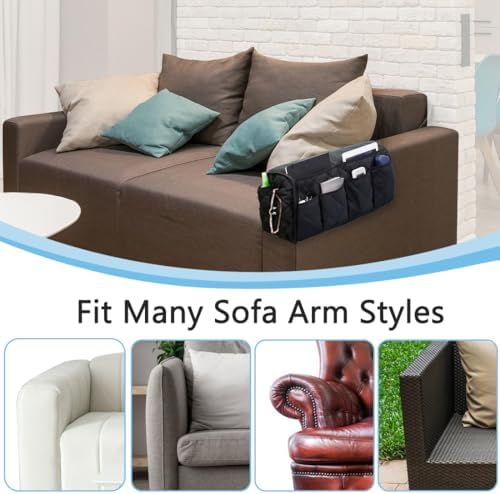Sofa Armrest Organizer Non-Slip Arm Chair Bedside Caddy Storage Organizer for Recliner Couch with 14 Pockets for Cell Phone TV Remote Control Magazines (Black) - Image 7