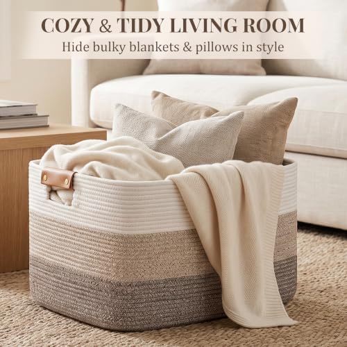 danpinera Blanket Basket, 72L Woven Storage basket with Leather Handle, Eco-friendly Decorative Storage Organization in Bathroom & Living Room for Towels 22 ''*17 ''*11.8 '', Gradient Brown - Image 3