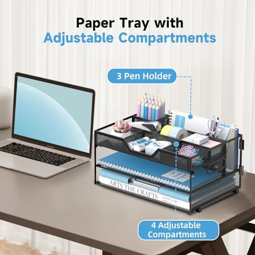 DALTACK 3 Tier Desk Organizer with Pen Holders and Paper Trays, Black - Image 2
