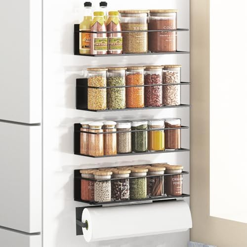 Magnetic Spice Rack For Refrigerator, Magnetic Fridge Shelf For Kitchen, Magnetic Shelf For Fridge Space Saving Black 4 Pack With Magnetic Paper Towel Holder by Roysili