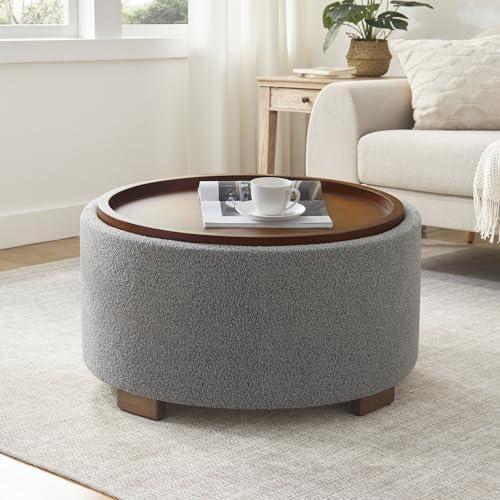 Zihanhome 30 Inch Round Storage Ottoman, Ottoman Coffee Table with Lift Off Lid, Boucle Modern Ottomans with Storage for Living Room, Bedroom, Apartments (Light Grey) by Zihanhome