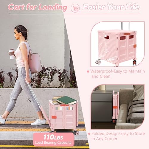 Foldable Utility Cart Rolling Crate Handcart Shopping Cart with Rotate Wheels Extended Magnetic Lid Telescoping Handle Adjustable Angle for Transports Groceries Office Teacher File(Pink) - Image 2