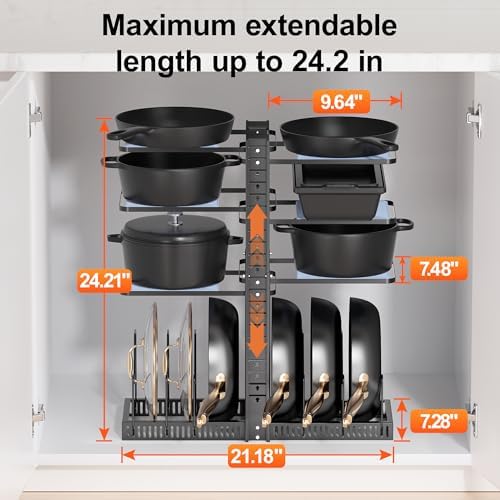 LAMU Pots and Pans Organizer under Cabinet, Adjustable Height Up to 24'', 6 Tier Pot Organizer Rack with 6 Horizontal Dividers, Adjustable Pot and Pan Organizer for Kitchen Storage, Black - Image 3